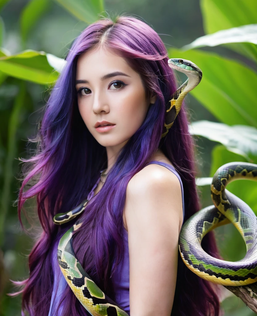 A woman young, with long purple hair, and a snake&#39;s body mixed with those of a beautiful and attractive woman, and dark, deep eyes, wearing sexy clothes, its mouth has sharp teeth,  breasts big, wide hip, wearing sexy clothes, wearing a ruby crown, with a naughty smile.