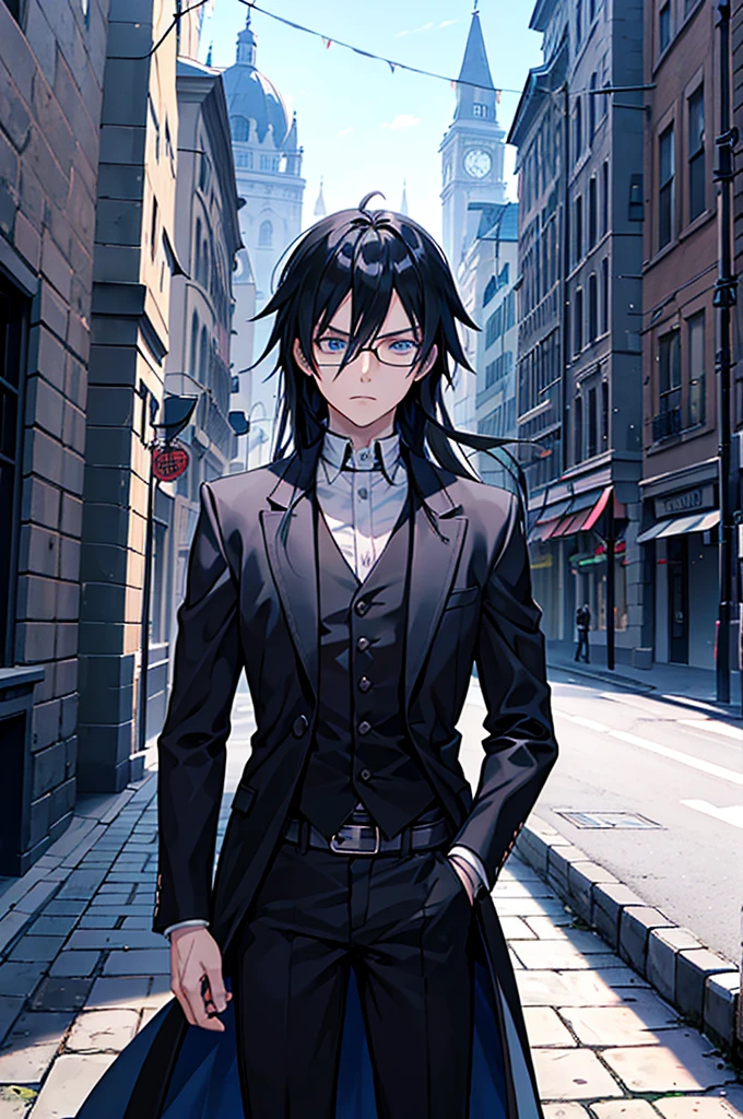 young man, magician, long black hair, blue eyes, wears glasses, wears black magician clothes, hair like Sasuke Uchiha's, cold personality. Manly, medieval city background, adventurous magician.