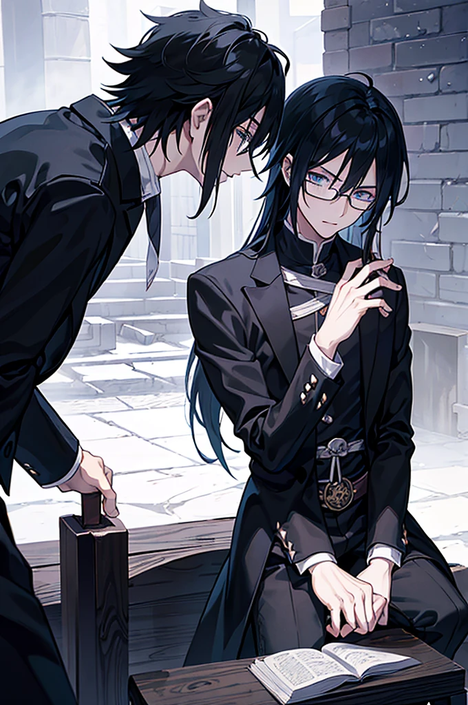 young man, magician, long black hair, blue eyes, wears glasses, wears black magician clothes, hair like Sasuke Uchiha's, cold personality. Manly, medieval city background, adventurous magician.