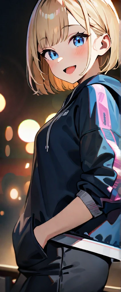 (((One girl))), blond hair, bob cut, (upper body), (looking at viewer), breasts, teenager, head tilt:1.3, (((blue eye))), (from side), hand in pocket, ((happy smile)), ((full face blush)), tongue out, open mouth, black hoodie, black shorts, anime style, (best quality, 4k, 8k, highres, masterpiece:1.2, ultra-detailed, ultra-detailed eyes, HDR, UHD, studio lighting, ultra-fine painting, sharp focus, physically-based rendering, extreme detail description, professional, vivid colors, bokeh)