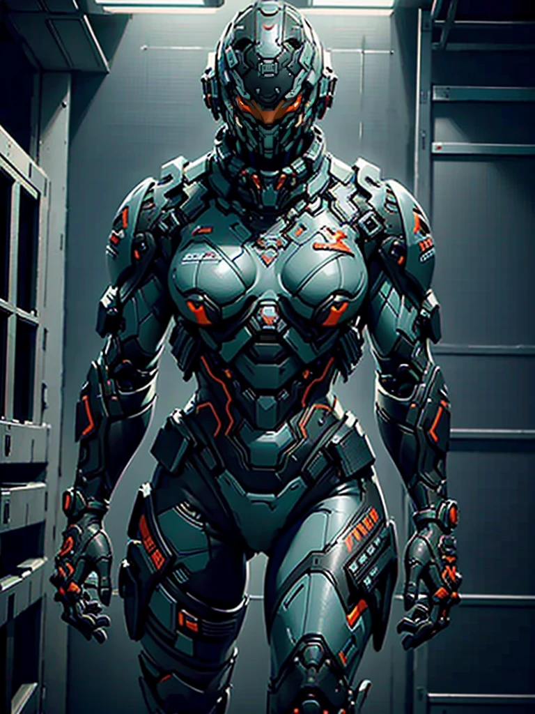 muscular woman, black dark ebony skin, Metroid-inspired powered exosuit, advanced cyberpunk technology, muscular legs, large gun, science fiction, concept art, cinematic lighting, dramatic pose, highly detailed, intricate machinery, glowing highlights, advanced technology, biotech fusion, hyper-realistic, atmospheric, moody, cinematic, (best quality,4k,8k,highres,masterpiece:1.2),ultra-detailed,(realistic,photorealistic,photo-realistic:1.37)