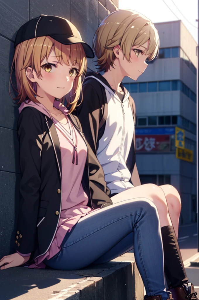 Irohaisshiki, isshiki iroha, short hair, Brown Hair, (Brown eyes:1.5), happy smile, smile, Close your mouth,blush,rain,Baseball hats,Pink oversized hoodie,V-neck shirt,mini skirt,Black pantyhose,short boots,Sitting leaning against the wall、,Hiding in a roofed building,whole bodyがイラストに入るように,
break outdoors, Building district,
break looking at viewer,whole body,
break (masterpiece:1.2), Highest quality, High resolution, unity 8k wallpaper, (figure:0.8), (Beautiful attention to detail:1.6), Highly detailed face, Perfect lighting, Highly detailed CG, (Perfect hands, Perfect Anatomy),