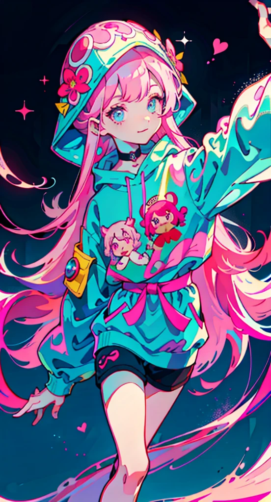 Girl with long pink hair, cute, Cool pose, Selfie, masterpiece, Very detailed, Highest quality, Sharp focus, Soft lighting, Limited color palette, pastel colour, cute, ((cute)), Dark Skin,
(Panchen: 1.3), smile, alone,
Dark brown hoodie, Blue shorts,
Pink Eyes, (Pink Hair: 0.6), (Blue Hair: 0.8), (Gradient Hair: 0.6), short hair, Bratis