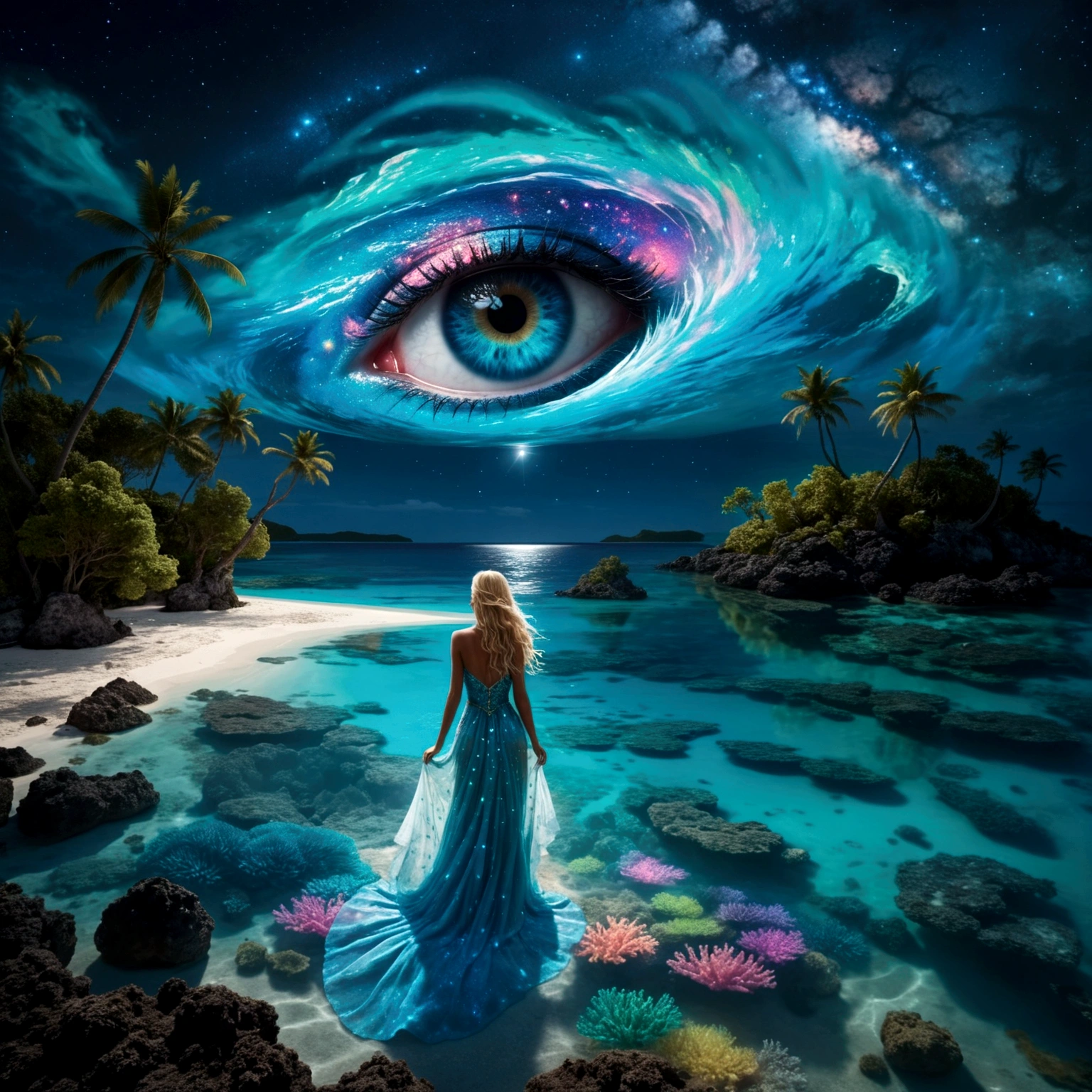 On a dark moonlit night, from a high vantage point, behold a turquoise blue lagoon stretching to the horizon. To the left, a beach fringed with coconut palms sits under a crystal-clear turquoise blue lagoon with detailed coral reefs and bioluminescent multicolored aquatic fauna, accompanied by small waves. In the sky, a whirling galaxy takes the shape of a giant detailed blue eye, set against a starry sky dotted with nebulae and cosmic dust. ((The bright reflections of the detailed blue eye and starry sky dance on the water’s surface)). Along the shore, a blonde woman with long, flowing hair, dressed in a detailed transparent dress that seems to be made of ethereal fabric, stands and contemplates the wonders of the universe. The water near the woman should be transparent, revealing ((detailed bioluminescent (multicolored fishs),corail, algae and marine life)). Les reflets vifs de l’œil bleu détaillé et du ciel étoilé dansent à la surface de l’eau. artwork should embody moon luminism and fantastic realism within a complex background that is highly detailed and intricate, rendered in ultra-realistic 8k resolution for hyper-realistic detail akin to magical photography effects. Invoke elements of fantastical fantasy trending on Artstation Unreal Engine 5 with vivid ink-stained colors, a maximalism style, expansive depth of field matte painting techniques
