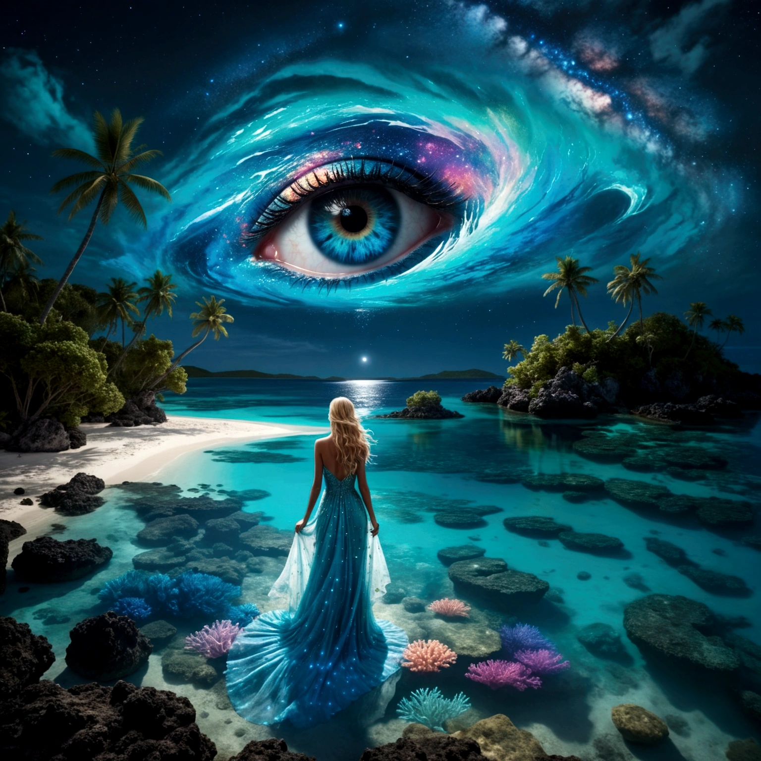 On a dark moonlit night, from a high vantage point, behold a turquoise blue lagoon stretching to the horizon. To the left, a beach fringed with coconut palms sits under a crystal-clear turquoise blue lagoon with detailed coral reefs and bioluminescent multicolored aquatic fauna, accompanied by small waves. In the sky, a whirling galaxy takes the shape of a giant detailed blue eye, set against a starry sky dotted with nebulae and cosmic dust. ((The bright reflections of the detailed blue eye and starry sky dance on the water’s surface)). Along the shore, a blonde woman with long, flowing hair, dressed in a detailed transparent dress that seems to be made of ethereal fabric, stands and contemplates the wonders of the universe. The water near the woman should be transparent, revealing ((detailed bioluminescent (multicolored fishs),corail, algae and marine life)). Les reflets vifs de l’œil bleu détaillé et du ciel étoilé dansent à la surface de l’eau. artwork should embody moon luminism and fantastic realism within a complex background that is highly detailed and intricate, rendered in ultra-realistic 8k resolution for hyper-realistic detail akin to magical photography effects. Invoke elements of fantastical fantasy trending on Artstation Unreal Engine 5 with vivid ink-stained colors, a maximalism style, expansive depth of field matte painting techniques