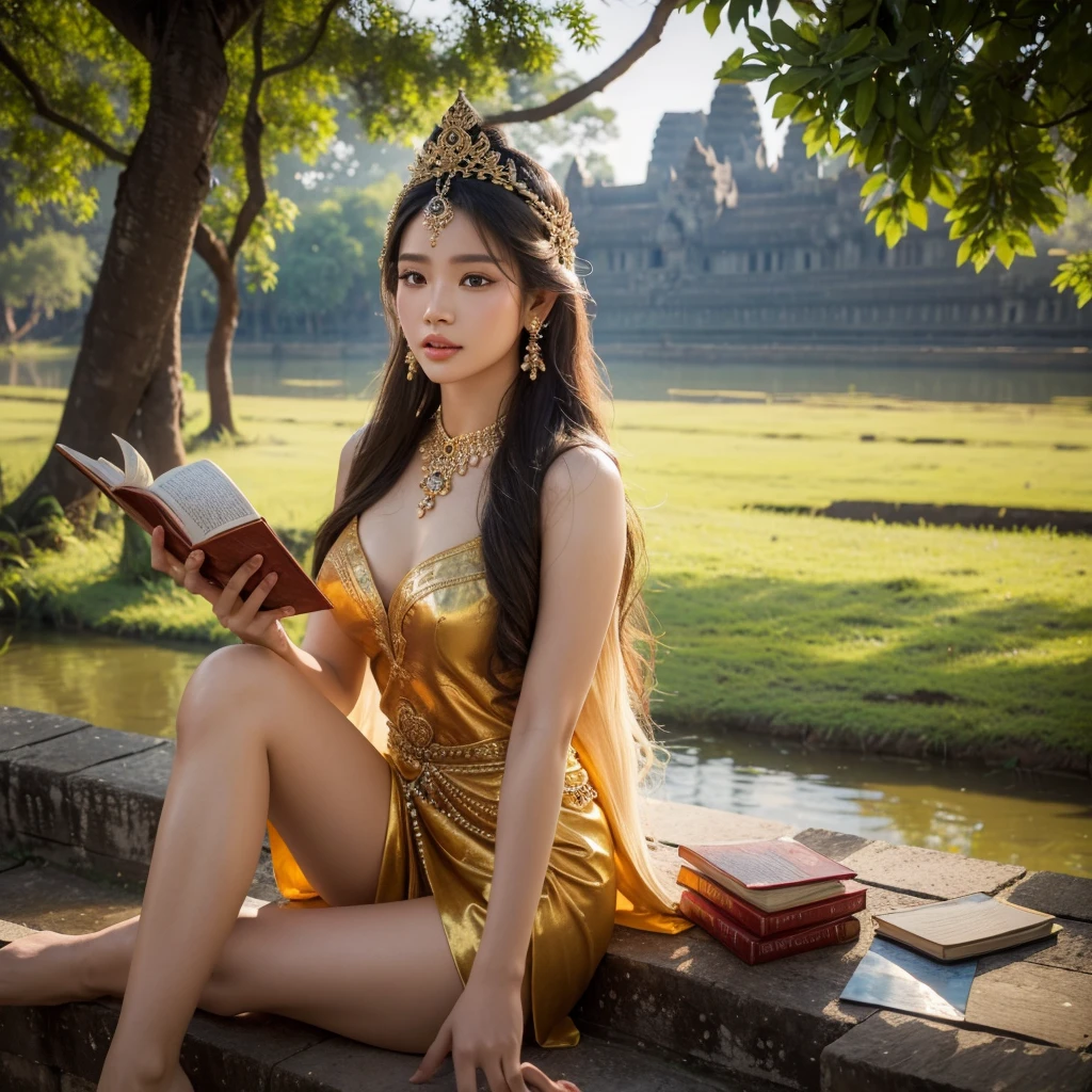 a beautiful khmer apsara dancer, sitting and reading book by the river in front of Angkor wat temple, intricate traditional khmer dress, graceful posing, long wavy hair, glowing skin, detailed facial features, serene expression, ornate headdress, detailed jewelry, Angkor wat temple during the sunset around plam trees background, natural lighting, vibrant colors, (best quality,4k,8k,highres,masterpiece:1.2),ultra-detailed,(realistic,photorealistic,photo-realistic:1.37),digital painting,cinematic lighting,detailed texture