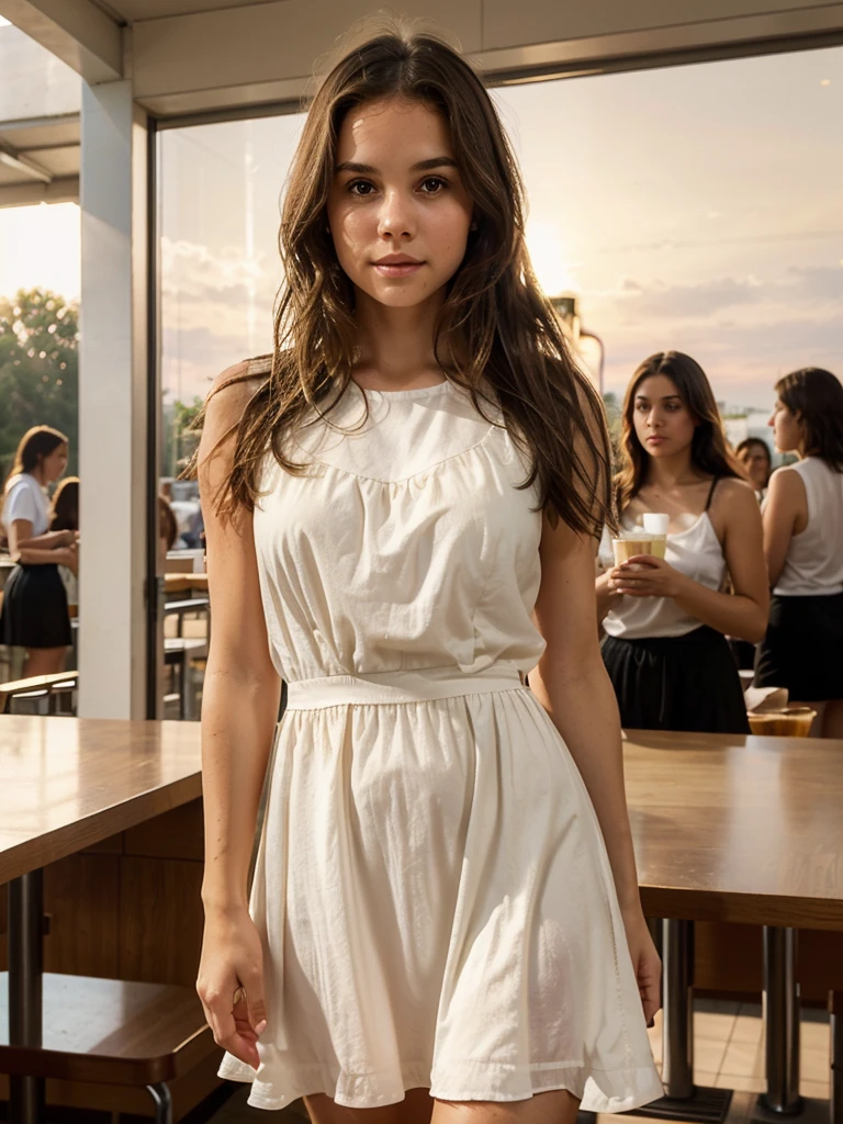 generates a photo of a white girl , slightly wavy brown hair brown eyes, shaped body, in a cafeteria with the glow of the sun at sunset reflecting its face, THE MODEL HAS A FLOWER DRESS