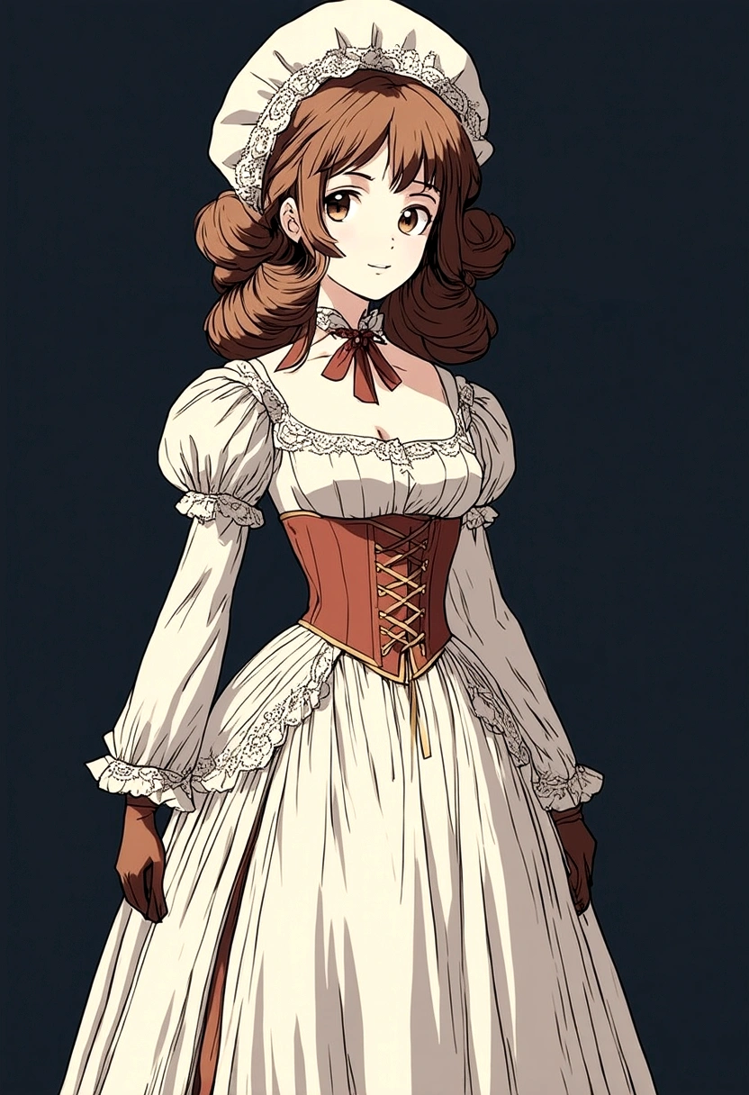 A girl in Victorian fashion, illustrated in ((a retro 90's anime style)). She wears an elegant Victorian dress with intricate lace, frills, and a tightly laced corset, reflecting the opulence of the era. Her hair is styled in voluminous ringlets, adorned with a delicate bonnet. The character has large, expressive eyes and sharp, ((stylized features typical of 90's anime)). She stands with a poised and graceful demeanor. The background is minimalistic, allowing the focus to remain on her detailed outfit and classic anime aesthetics, blending historical fashion with nostalgic anime art.