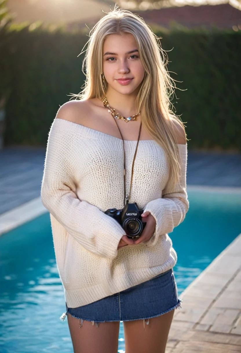 Realistic portrait of a 19 year old woman with long blonde hair, looking intently at the camera, bare shoulders, big breasts, brown eyes, wearing jewelry, necklace, off-shoulder sweater, full body view, holding a camera in her hand. natural, with beautiful backdrops, dramatic lighting effects, and smiles, in a pool