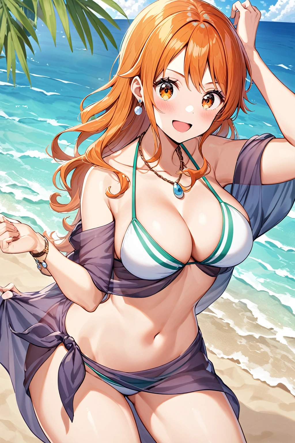 Nami, e Cup sized breasts, bikini, at the beach, Cover Up sarong, earrings, necklace