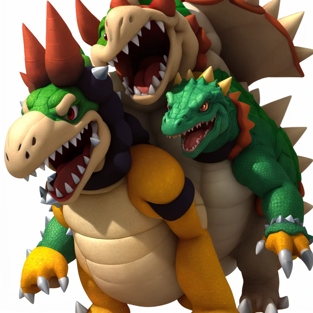 Dragon Dinosaur Crocodile Snapping Turtle Muscle Fat Yellow And Orange Skin Shell Spikes Horn Bull Big Nose Tooth Monster Head Dinosaur Koopa Eyebrows Red Choker Spikes Ring Metal Bracelets Face Evil The Power Star Mario, In Super Mario Bros. Cartoon 3D Character Style๐ฒ๐ข๐ข๐