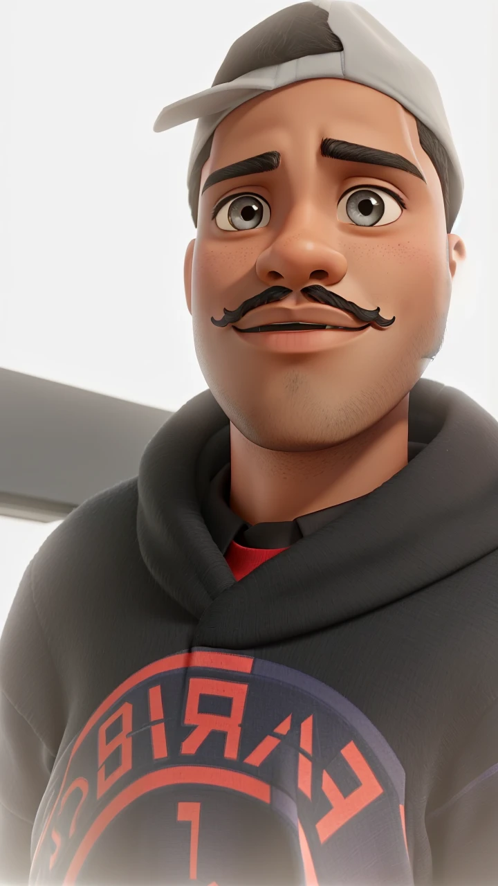 young man with dark skin, black, slanted eyes and mustache