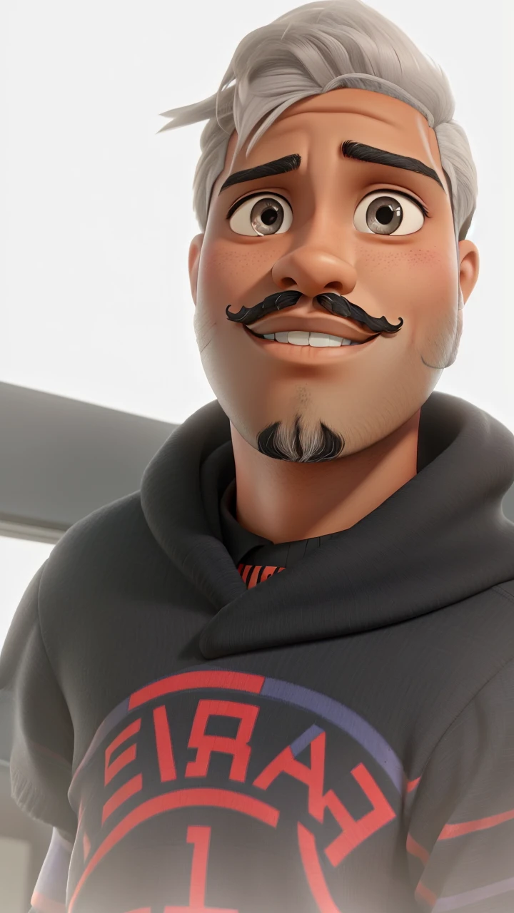 young man with dark skin, black, slanted eyes and mustache