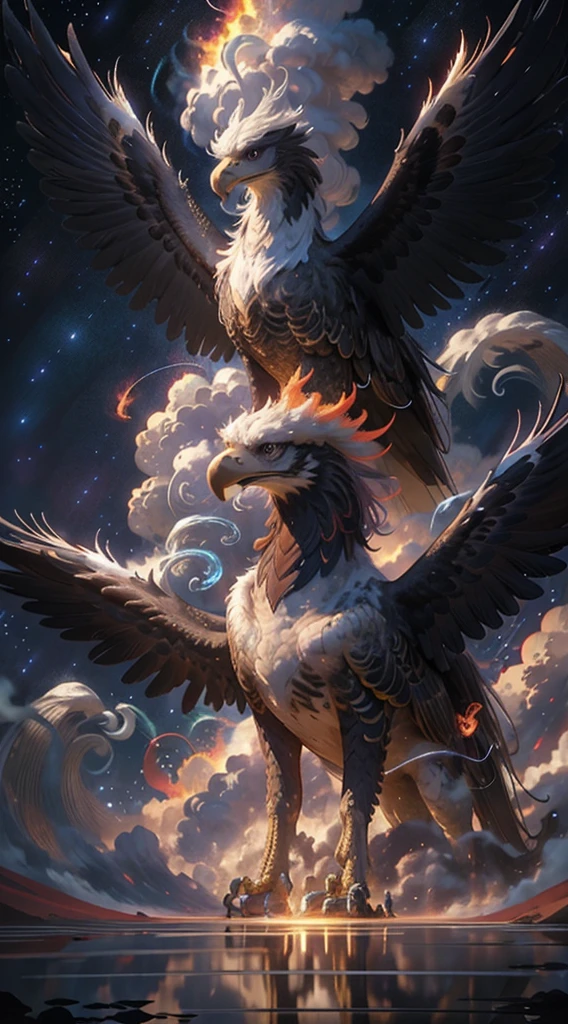 A mythical flaming eagle soars majestically against a dark, star-studded night sky. Its enormous wings, wreathed in blazing fire, cast a radiant, otherworldly glow that contrasts sharply with the darkness around it. Each feather of the eagle shimmers with intense flames, flickering and crackling with energy, while its fierce eyes burn with an incandescent intensity. The eagle’s talons, glowing like molten metal, are outstretched as if grasping at the stars themselves. The background is a tapestry of deep midnight blues and purples, speckled with distant, shimmering stars and swirling nebulae, accentuating the fiery brilliance of this mythical creature, epic ink painting, body burning flame, red feathers, phoenix, looking at the lens, colorful clouds, bright and colorful colors, perfect, gourmet, exquisite, complex, ultra high definition, 3D,OC rendering, 8K.