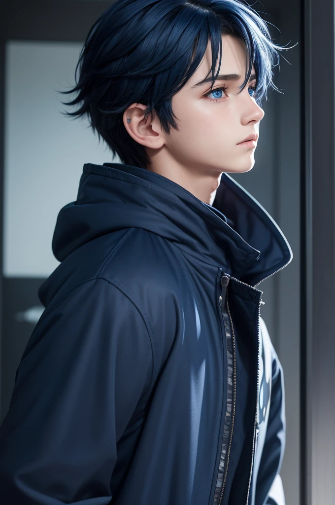 high-quality textures, 4K, animes realisitic, perfects eyes, little boy, masculine, navy blue hair. anime boy, realisitic, emo hair, profile face, blue colored eyes, blue coat with hood, SMOOTH FACE, bonitas. adolescent.