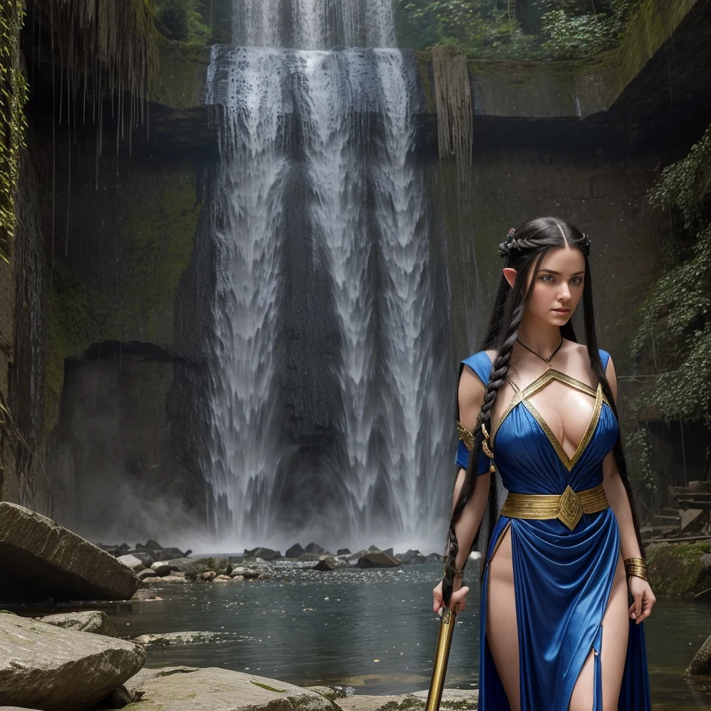 Female half elf princess age 28 long black hair crystal blue eyes twilight touched skin wearing a twilight colored dress with gold flats her hair in a waterfall braid and wielding two katanas she has a huge bust and hourglass figure standing in the ruins if her mothers throne room