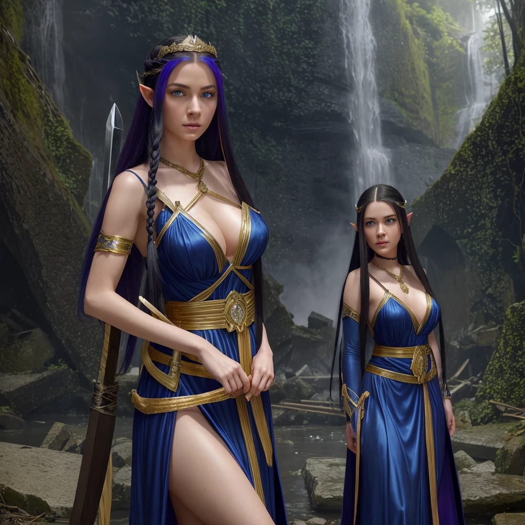 Female half elf princess age 28 long black hair crystal blue eyes twilight touched skin wearing a twilight colored dress with gold flats her hair in a waterfall braid and wielding two katanas she has a huge bust and hourglass figure standing in the ruins if her mothers throne room