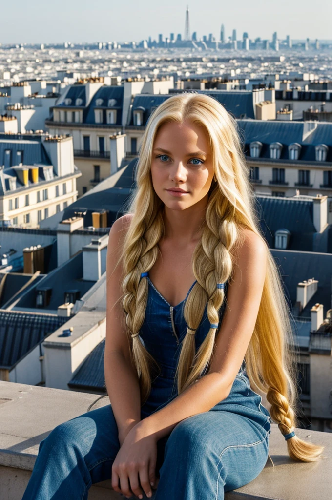 Long yellow hair in braid and blue eyes girl sitting on a rooftop back facing with Paris in the background 