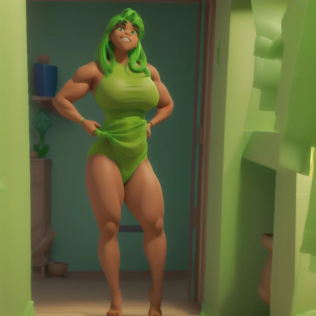Arafa woman in a green top and green bikini posing in a closet, posing and flexing, thick, corpo thick, thick build, Curvaceous Physical Fit, strong pose, beautiful thick female, mid-body shot, posing fully body, whole body!!!, flexing big muscles, perfect and proportional body, powerful pose, exaggeratedly large physique
