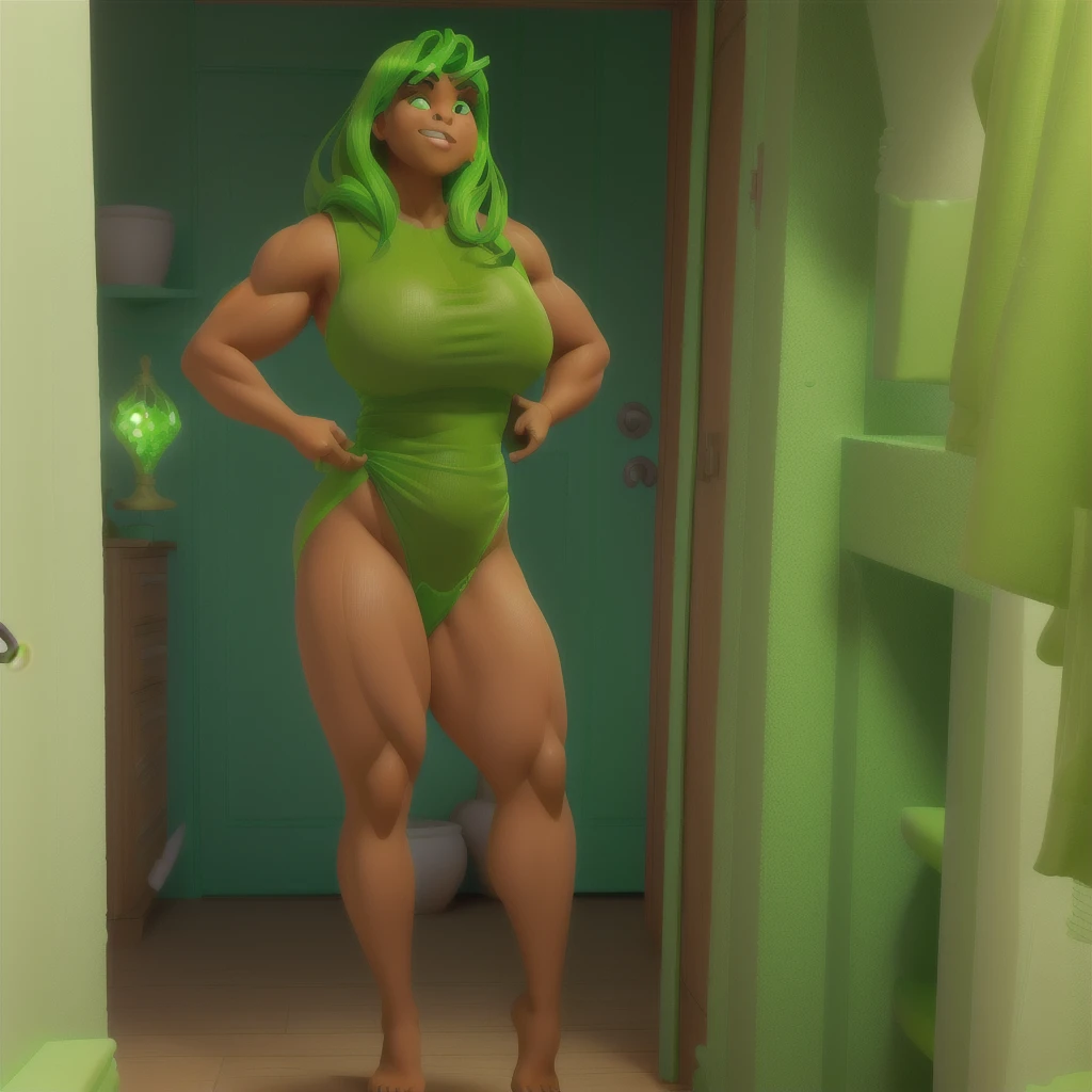 Arafa woman in a green top and green bikini posing in a closet, posing and flexing, thick, corpo thick, thick build, Curvaceous Physical Fit, strong pose, beautiful thick female, mid-body shot, posing fully body, whole body!!!, flexing big muscles, perfect and proportional body, powerful pose, exaggeratedly large physique