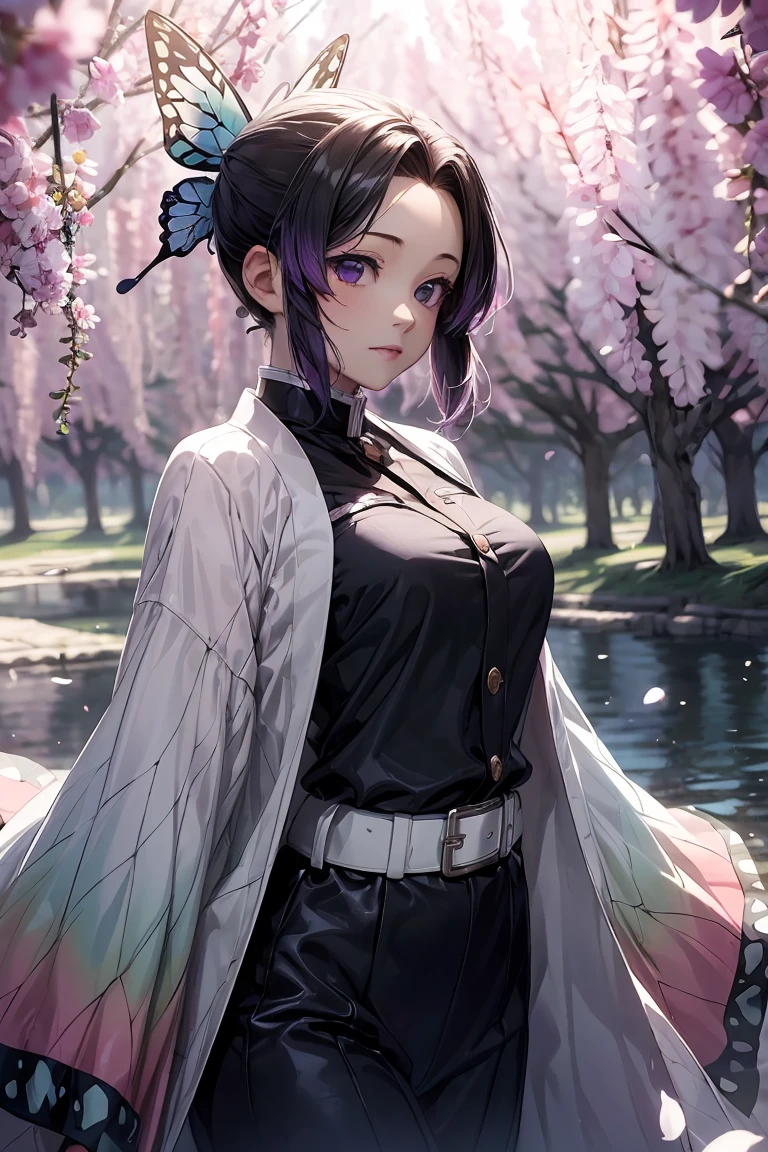 Highly detailed and high resolution masterpiece by Shinobu Kocho, Beautiful yet terrifying dynamic action from the Demon Slayer Corps. There were some butterflies in her voyeur., Highlight the intricate details of the butterfly-themed costume and the intense expressions on the face. Set the scene at dusk, A calm lake and cherry blossom petals in the background. Using rich colors and three-dimensional light、Expressing mysterious beauty and strength。.