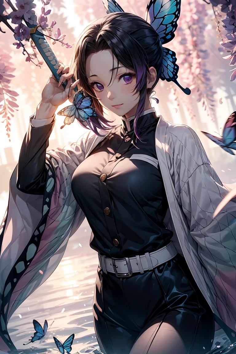 Highly detailed and high resolution masterpiece by Shinobu Kocho, Beautiful yet terrifying dynamic action from the Demon Slayer Corps. There were some erflies in her voyeur., Highlight the intricate details of the butty-themed costume and the intense expressions on the face. Set the scene at dusk, A calm lake and cherry blossom petals in the background. Using rich colors and three-dimensional light、Expressing mysterious beauty and strength。.