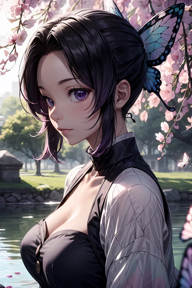 Highly detailed and high resolution masterpiece by Shinobu Kocho, Beautiful yet terrifying dynamic action from the Demon Slayer Corps. There were some butterflies in her voyeur., Highlight the intricate details of the butterfly-themed costume and the intense expressions on the face. Set the scene at dusk, A calm lake and cherry blossom petals in the background. Using rich colors and three-dimensional light、Expressing mysterious beauty and strength。.