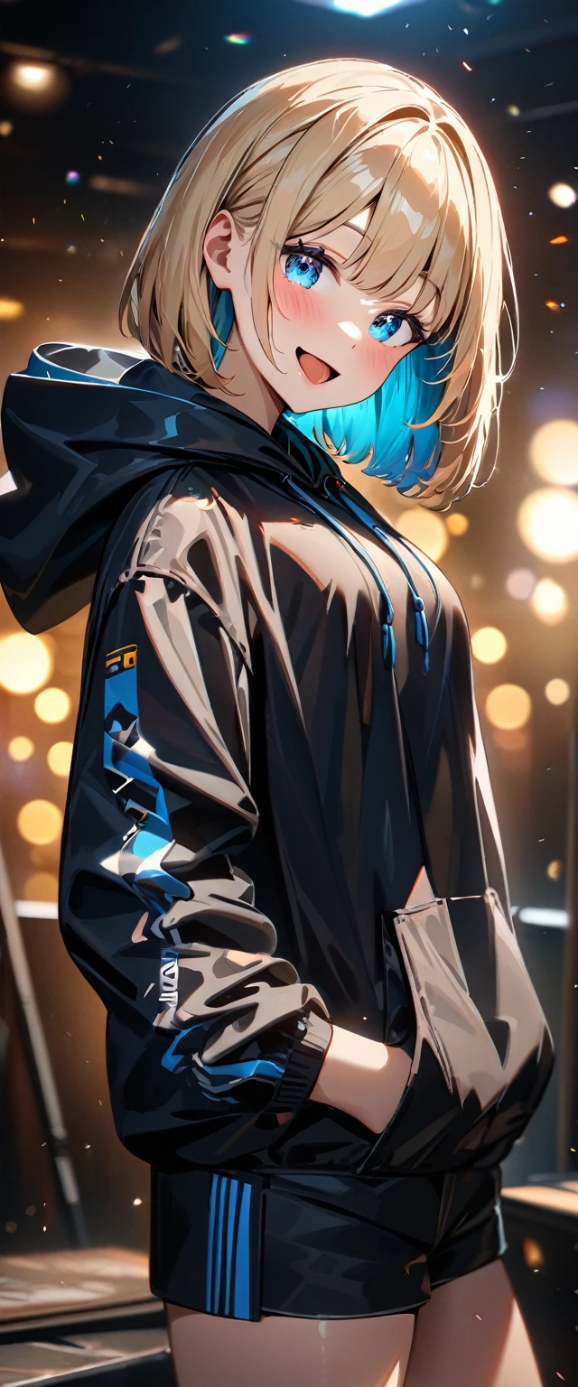 (((One girl))), blond hair, bob cut, (upper body), (looking at viewer), breasts, ager, head tilt:1.3, (((blue eye))), (from side), hand in pocket, ((happy smile)), ((full face blush)), tongue out, open mouth, black hoodie, black shorts, anime style, (best quality, 4k, 8k, highres, masterpiece:1.2, ultra-detailed, ultra-detailed eyes, HDR, UHD, studio lighting, ultra-fine painting, sharp focus, physically-based rendering, extreme detail description, professional, vivid colors, bokeh)