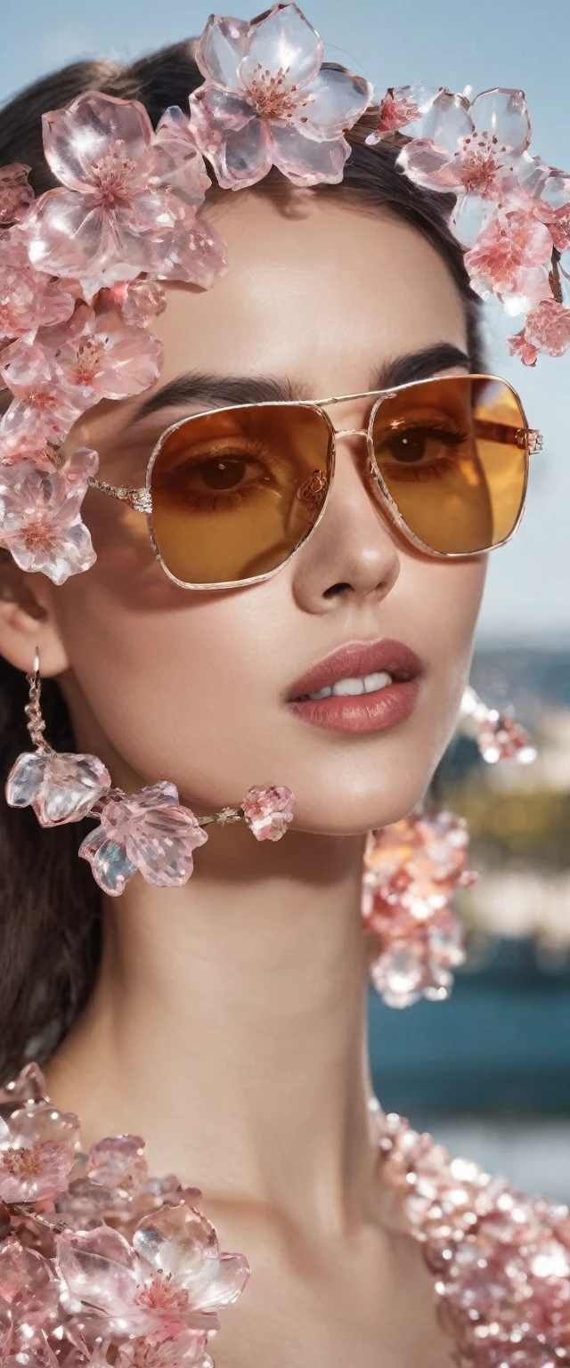 High quality, 8K Ultra HD, The cherry blossom pattern inside the skull is made of transparent glass crystals with geometric surfaces, high detal,ultra-realistic, shimmers with a captivating brilliance，Wearing sunglasses