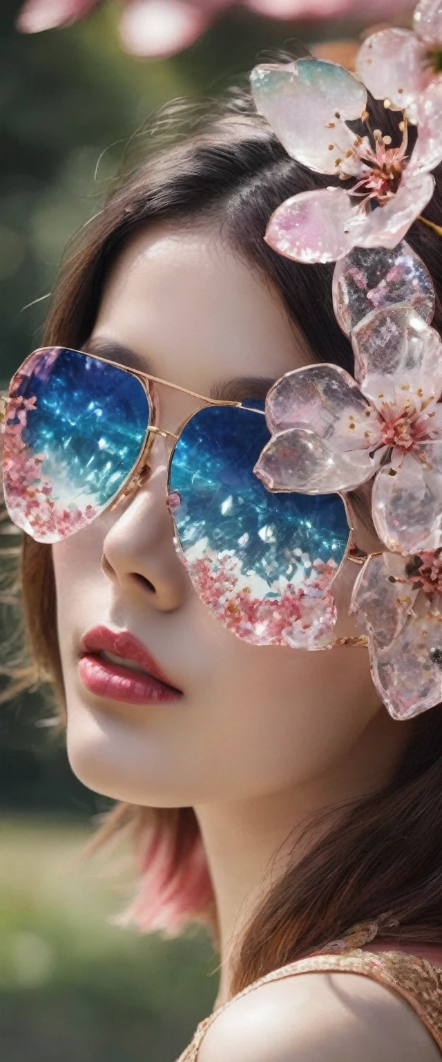 High quality, 8K Ultra HD, The cherry blossom pattern inside the skull is made of transparent glass crystals with geometric surfaces, high detal,ultra-realistic, shimmers with a captivating brilliance，Wearing sunglasses