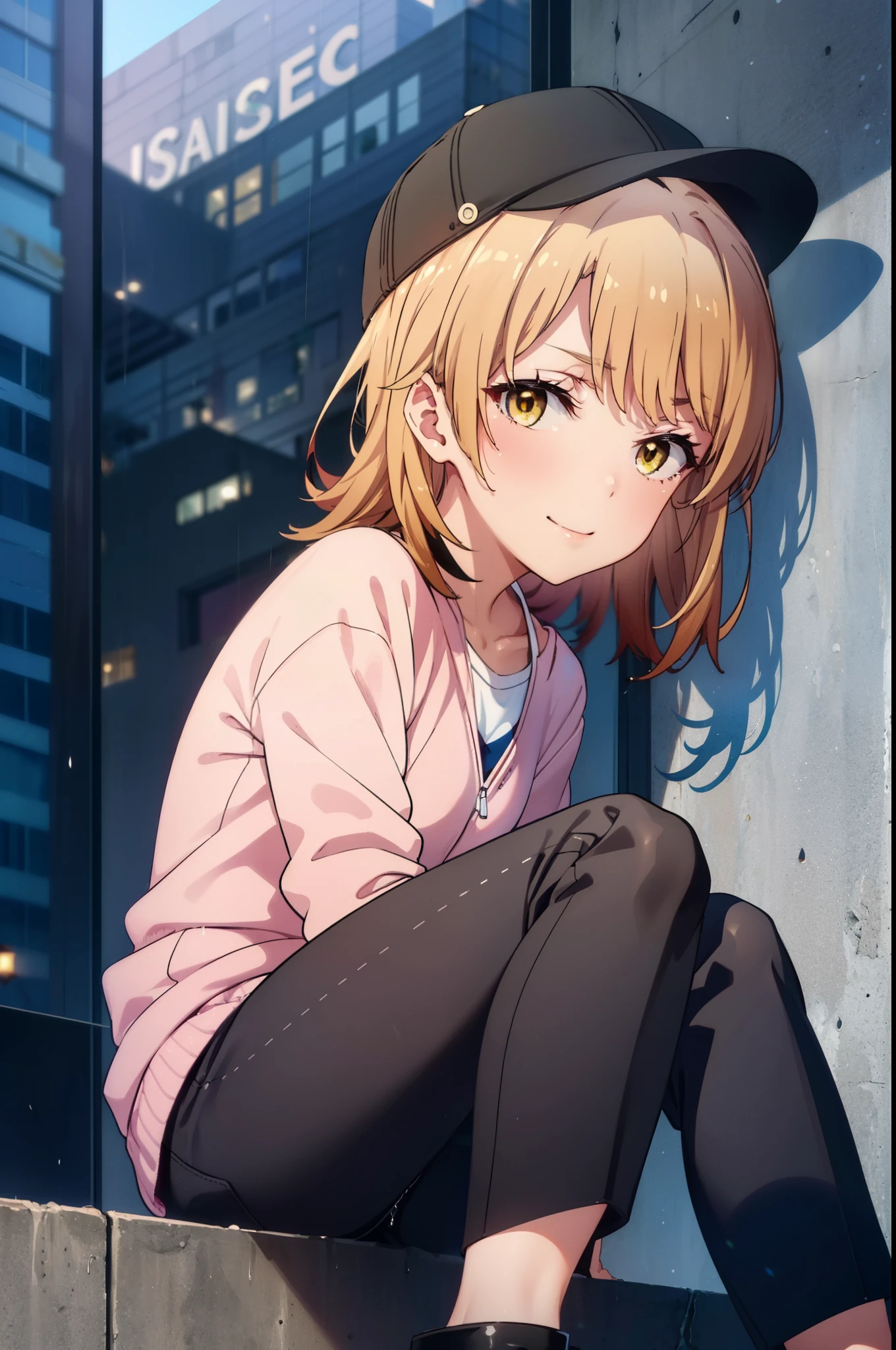 Irohaisshiki, isshiki iroha, short hair, Brown Hair, (Brown eyes:1.5), happy smile, smile, Close your mouth,blush,rain,Baseball hats,Pink oversized hoodie,V-neck shirt,mini skirt,Black pantyhose,short boots,Sitting leaning against the wall、,Hiding in a roofed building,whole bodyがイラストに入るように,
break outdoors, Building district,
break looking at viewer,whole body,
break (masterpiece:1.2), Highest quality, High resolution, unity 8k wallpaper, (figure:0.8), (Beautiful attention to detail:1.6), Highly detailed face, Perfect lighting, Highly detailed CG, (Perfect hands, Perfect Anatomy),
