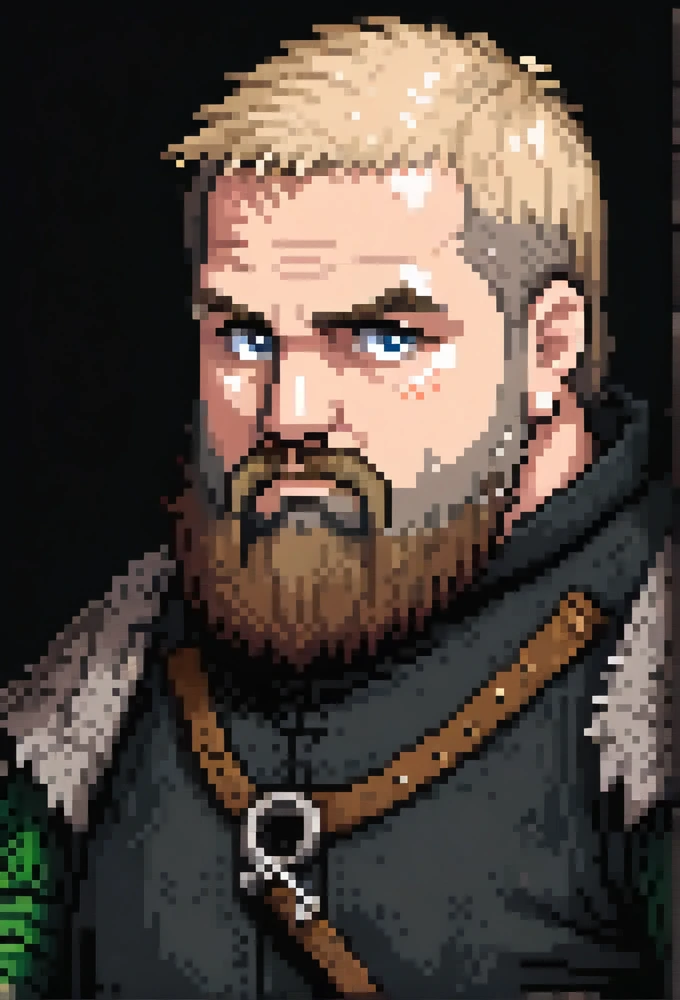 (Pixel art: 1.2), 1 middle-aged, slightly overweight medieval bandit, with a beard, wearing a tattered black tunic, freen eyes, blond short hair, side view, visible lips and nose, dark eyes, Black background, serious expression, nothing out of the frame.