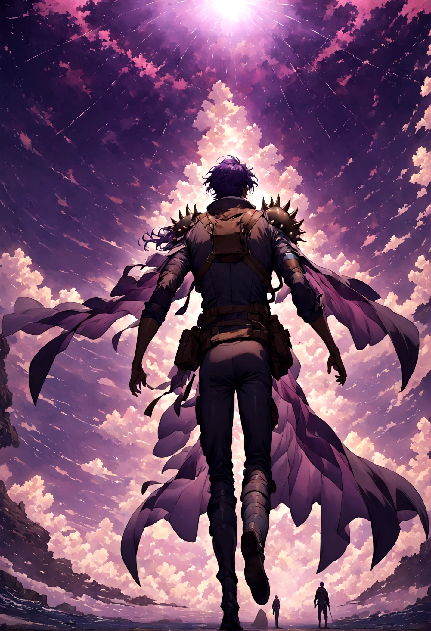 A 30 year old male spectrum, BROWN SKIN, perfect purple hair, dressed in a traveler&#39;s suit, spikes on the shoulders and blades on the arms, pink rays, with the bottom of the abyss