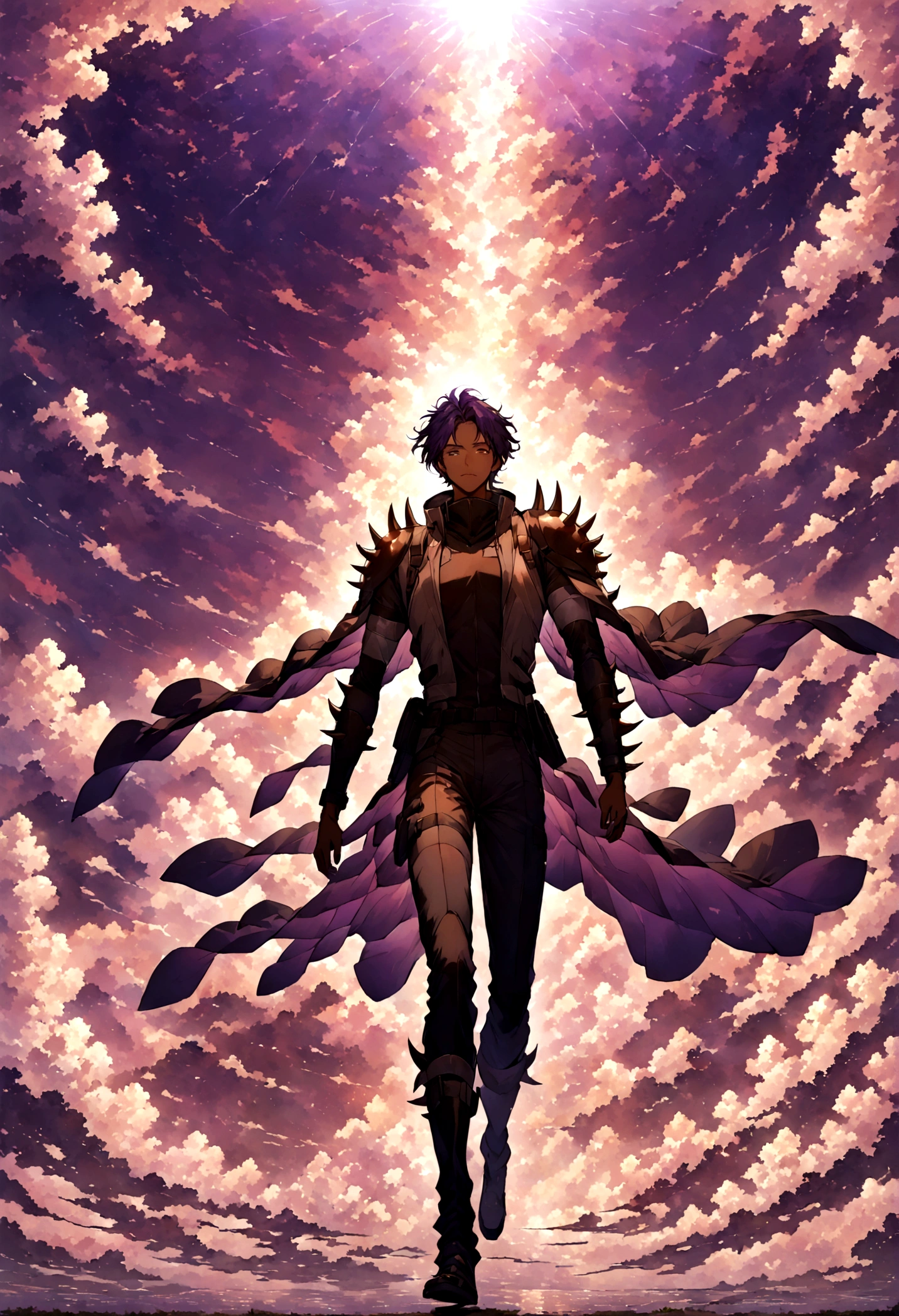 A 30 year old male spectrum, BROWN SKIN, perfect purple hair, dressed in a traveler&#39;s suit, spikes on the shoulders and blades on the arms, pink rays, with the bottom of the abyss