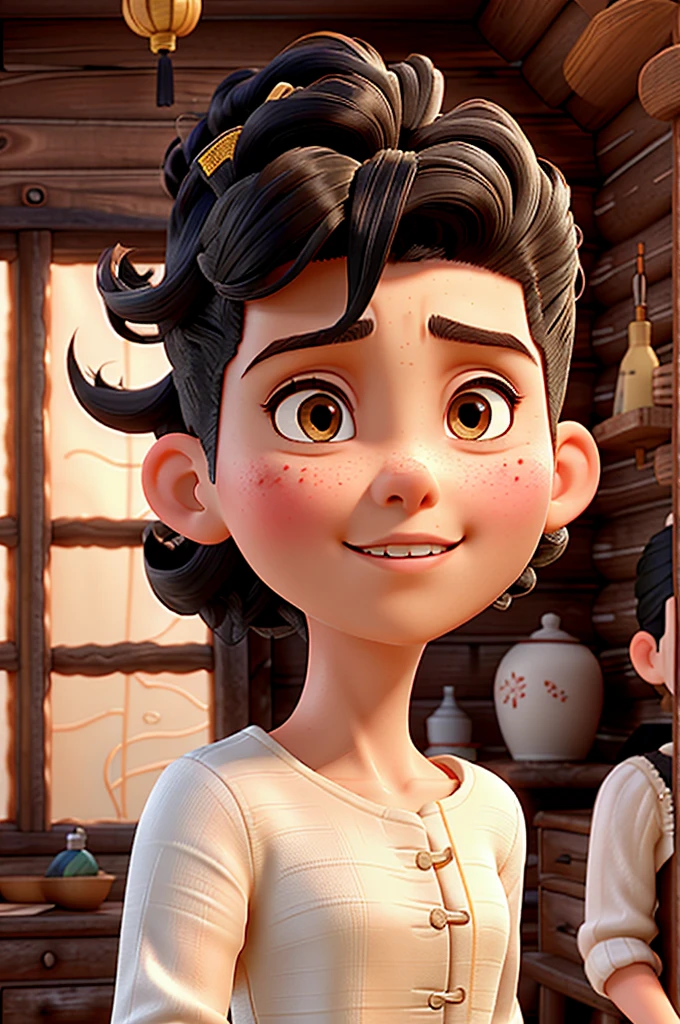 30 year old white Mexican woman with、(high fade:1.3)、black hair with curls and chinese, shaved on one side、calming tones、(Natural skin textures、、Luz outfit、sharp)、masterpiece, premium, high quality, high resolution,(( background a cabin, loose clothes doing an action to repair the cabin ))