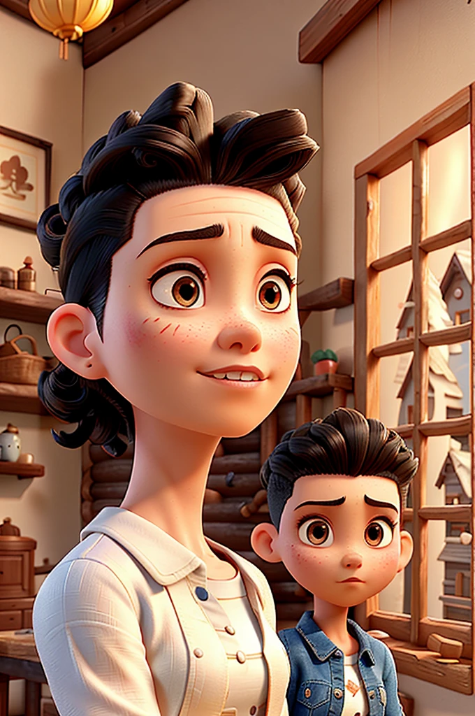 30 year old white Mexican woman with、(high fade:1.3)、black hair with curls and chinese, shaved on one side、calming tones、(Natural skin textures、、Luz outfit、sharp)、masterpiece, premium, high quality, high resolution,(( background a cabin, loose clothes doing an action to repair the cabin ))