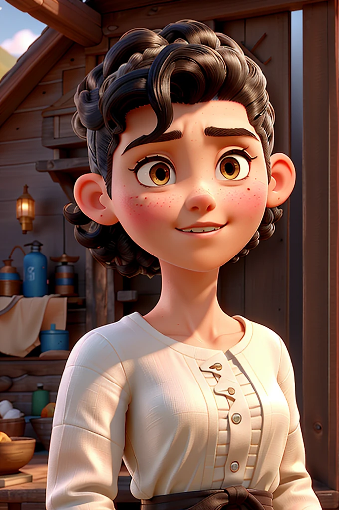 30 year old white Mexican woman with、(high fade:1.3)、black hair with curls and chinese, shaved on one side、calming tones、(Natural skin textures、、Luz outfit、sharp)、masterpiece, premium, high quality, high resolution,(( background a cabin, loose clothes doing an action to repair the cabin ))