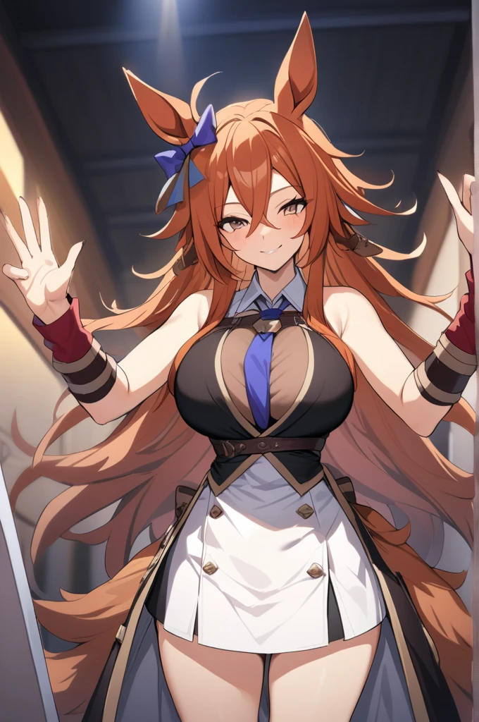 ,1 personの女の子,smile, View your viewers,masterpiece,Highest quality,masterpiece, Highest quality, 1 person,( Are standing, View your audience,),Detailed Background、A person who writes in detail、Accurate human body、Knowledgeable person、Accurate 5 fingers,Cruby Body,((Large Breasts)),orfevre \(umamusume\),black short skirt