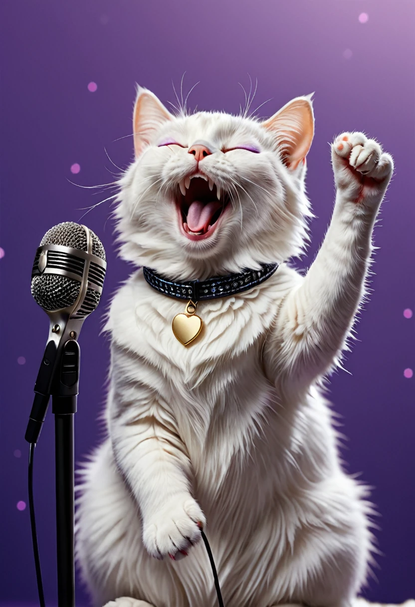 masterpiece, best quality, 4k, UHD, mishoujo, high resolution, Singing cat with microphone, realistic cat, happy and fun cat, closed eyes with pleasure of singing, white Scottish cat, cat, Scottish cat sings song with closed eyes. Violet background. Super realistic cat, cute and happy cat, pleasure music, pleasured cat