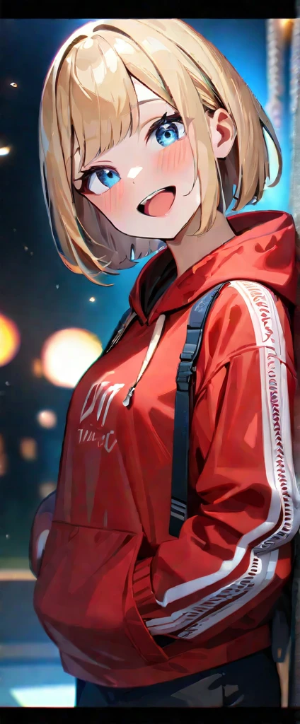 (((One girl))), blond hair, bob cut, (upper body), (looking at viewer), breasts, teenager, head tilt:1.3, (((blue eye))), (from side), hand in pocket, ((happy smile)), ((full face blush)), tongue out, open mouth, black hoodie, black shorts, anime style, (best quality, 4k, 8k, highres, masterpiece:1.2, ultra-detailed, ultra-detailed eyes, HDR, UHD, studio lighting, ultra-fine painting, sharp focus, physically-based rendering, extreme detail description, professional, vivid colors, bokeh) big