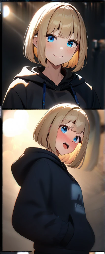 (((One girl))), blond hair, bob cut, (upper body), (looking at viewer), breasts, ager, head tilt:1.3, (((blue eye))), (from side), hand in pocket, ((happy smile)), ((full face blush)), tongue out, open mouth, black hoodie, black shorts, anime style, (best quality, 4k, 8k, highres, masterpiece:1.2, ultra-detailed, ultra-detailed eyes, HDR, UHD, studio lighting, ultra-fine painting, sharp focus, physically-based rendering, extreme detail description, professional, vivid colors, bokeh) big