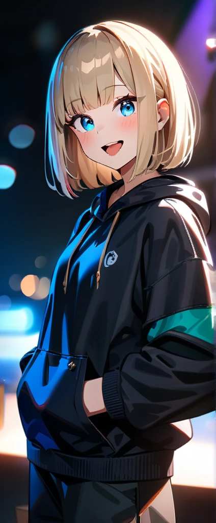 (((One girl))), blond hair, bob cut, (upper body), (looking at viewer), breasts, teenager, head tilt:1.3, (((blue eye))), (from side), hand in pocket, ((happy smile)), ((full face blush)), tongue out, open mouth, black hoodie, black shorts, anime style, (best quality, 4k, 8k, highres, masterpiece:1.2, ultra-detailed, ultra-detailed eyes, HDR, UHD, studio lighting, ultra-fine painting, sharp focus, physically-based rendering, extreme detail description, professional, vivid colors, bokeh)  big