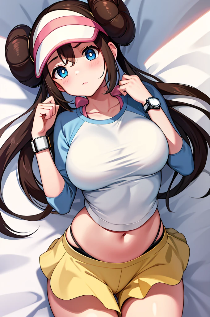 ​masterpiece, top-quality, hight resolution, RO1, Hair buns, blue eyess, Twin-tailed, Visor Cap, raglan sleeves, Yellow shorts, The shirt, Pink ribbon, Watches,large full breasts、、appealing breast、breastso、sexy tummy,  tetas grandes, solo, 1girl, BEDROOM background, hands on chest, embarrased, blush, embarrased, lying on bed, 