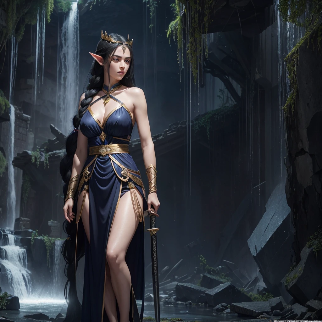 Female half elf princess age 28 long black hair crystal blue eyes twilight touched skin wearing a twilight colored dress with gold flats her hair in a waterfall braid and wielding two katanas she has a huge bust and hourglass figure standing in the ruins if her mothers throne room