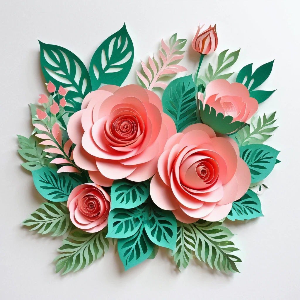 Design illustration of flowers bouquet, on a white background, centered in the scene, flowers with vegetation,frontal view, layeres paper design, kirigami style, detailed folds, color palette: rose, verdigris, #FDFCDC, #FED9B7 and #F07167, natural light, masterful craft, intrincated,4k, sharp focus, perfect paperfold, white background
