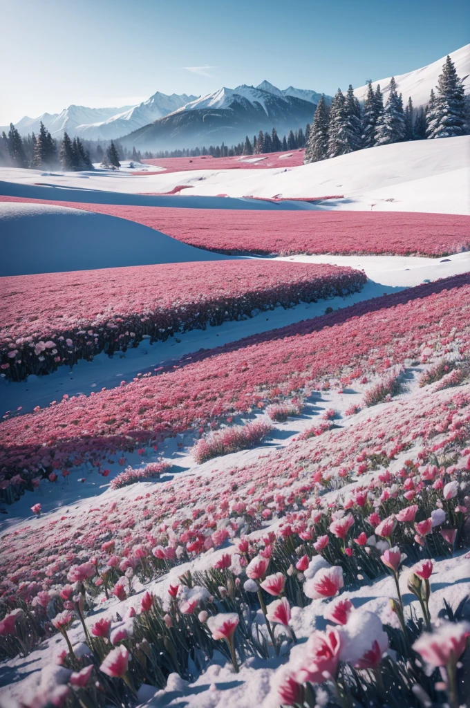 A field of realistic flowers with lots of snow in the middle of the flowers and blood dripping onto the snow