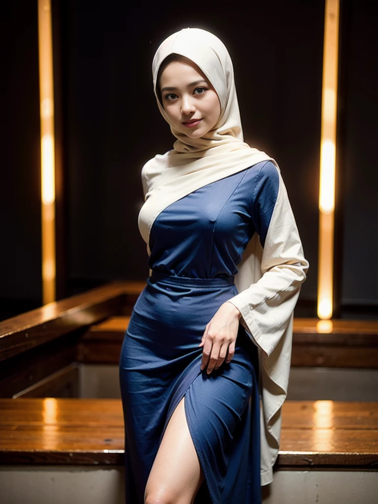 36 years Old, Hijab Indonesian mature woman, school corridor, Slim body, modest long sleeve dress, Breast about To burst out, blur background, bokeh, smiling, elegant, detailed skin,