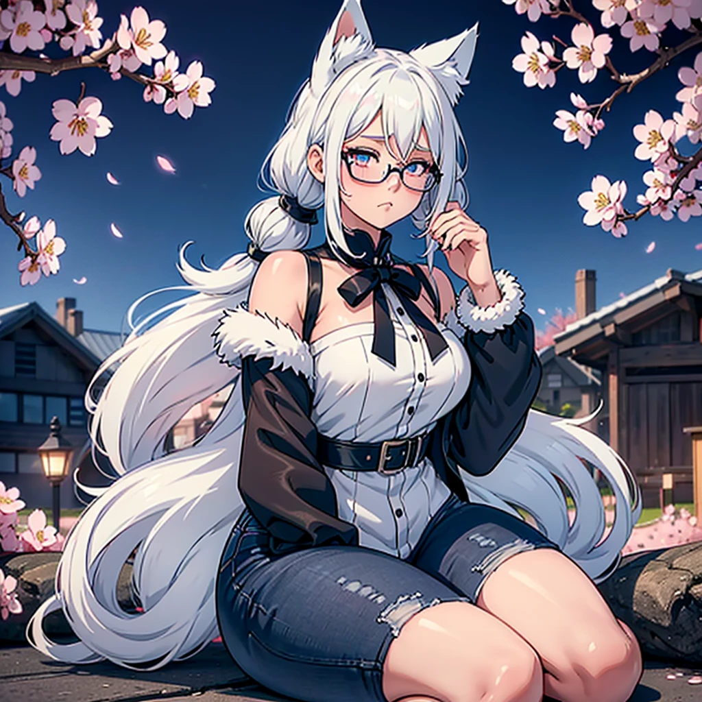 anime girl, white hair pigtails, black ribbons, blushing, blue glowing eyes, white cat ears, 8k, high res, full body, 1 girl, good lighting, fine detail, fur jacket, blue jeans, glasses, red glove on right hand, (masterpiece), perfect face, best quality, looking at view, front pov, sitting, cherry blossoms