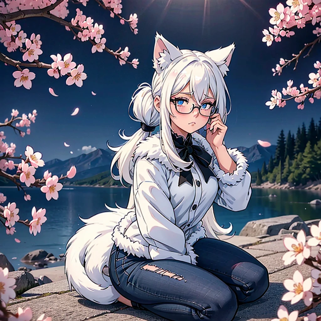 anime girl, white hair pigtails, black ribbons, blushing, blue glowing eyes, white cat ears, 8k, high res, full body, 1 girl, good lighting, fine detail, fur jacket, blue jeans, glasses, red glove on right hand, (masterpiece), perfect face, best quality, looking at view, front pov, sitting, cherry blossoms