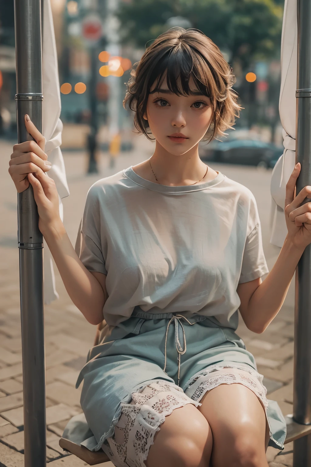 Raped woman with short hair, what makeup, without makeup, Centrally separated curtain bangs, Profile picture, Use Instagram Filters, Subtle soft and dim light, Pose looking around the playground, seesaw, swing, perfect face, julia sardinian, perfect hands, Random behavior, Sandbox, clear sky, full body view,